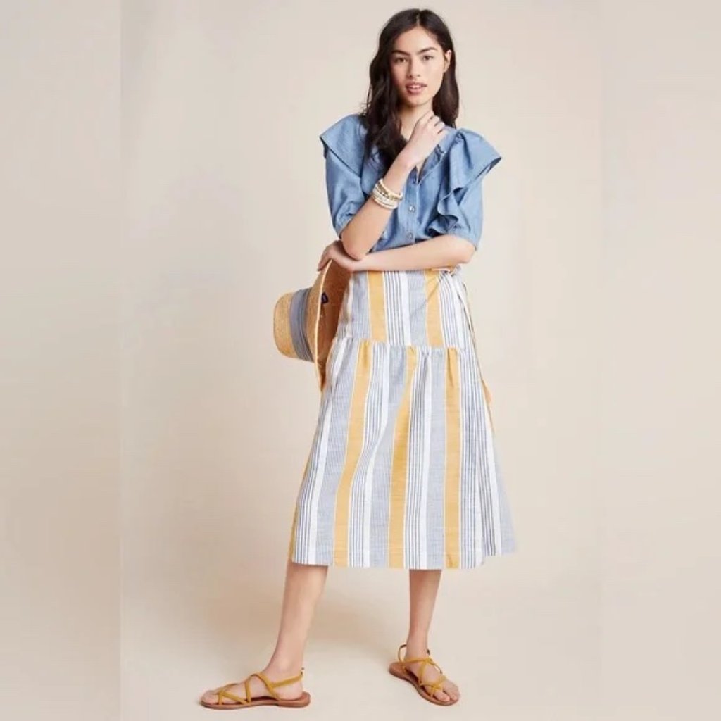 Anthropologie Maeve Yellow And White Striped A-Line Midi Skirt